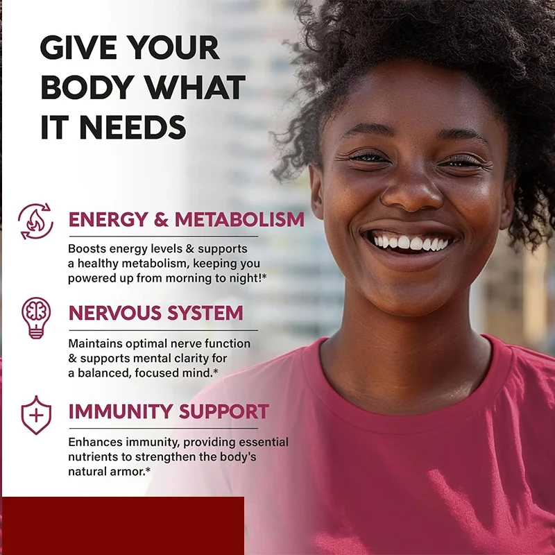 مكمل فيتامين ب المركب - B1، B2، B3، B5، B6، B7، B8، B9، B12 مع فيتامين C، الكولين، الإينوسيتول - الطاقة والدماغ والقلب