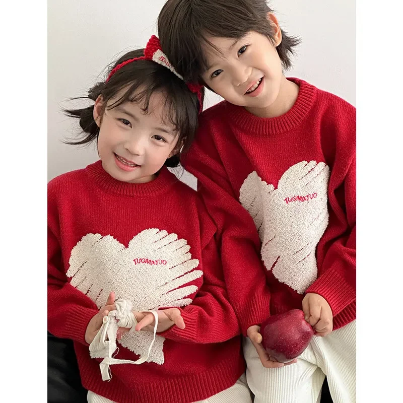 Heart Family Red Sweater Christmas New Year Parent-child Thick Warm Knit Jumper Winter Mother Father and Daughter Son Clothes