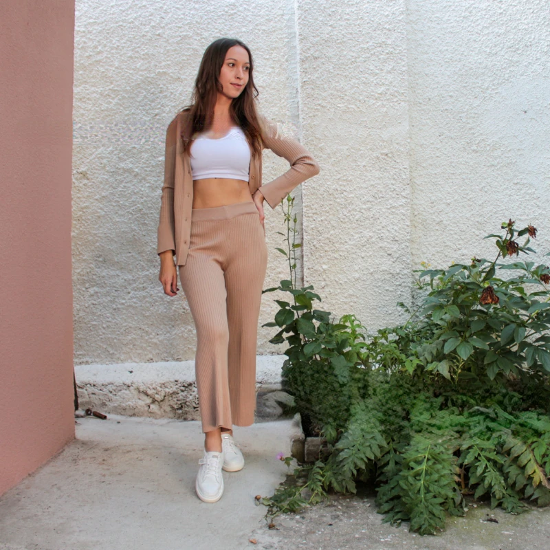 Elegant Knitted Women Ribbed Flare Sleeve Shirts Tops and Elastic Slim Female Outfit Single-breasted Cardigans Vintage Sweater