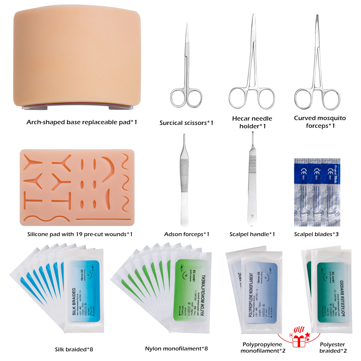 Premium Suturing Skill Trainer Practice Kit (40 Pcs) Including DIY Incision Suture Pad with Hook & Loop Replacement Design