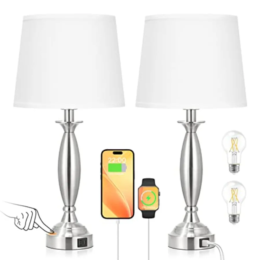 

White Lamps for Bedrooms Set of 2 - Touch Control Bedside Lamp with USB C+A, 3 Way Dimmable Nightstand Lamps with USB Port, Tab