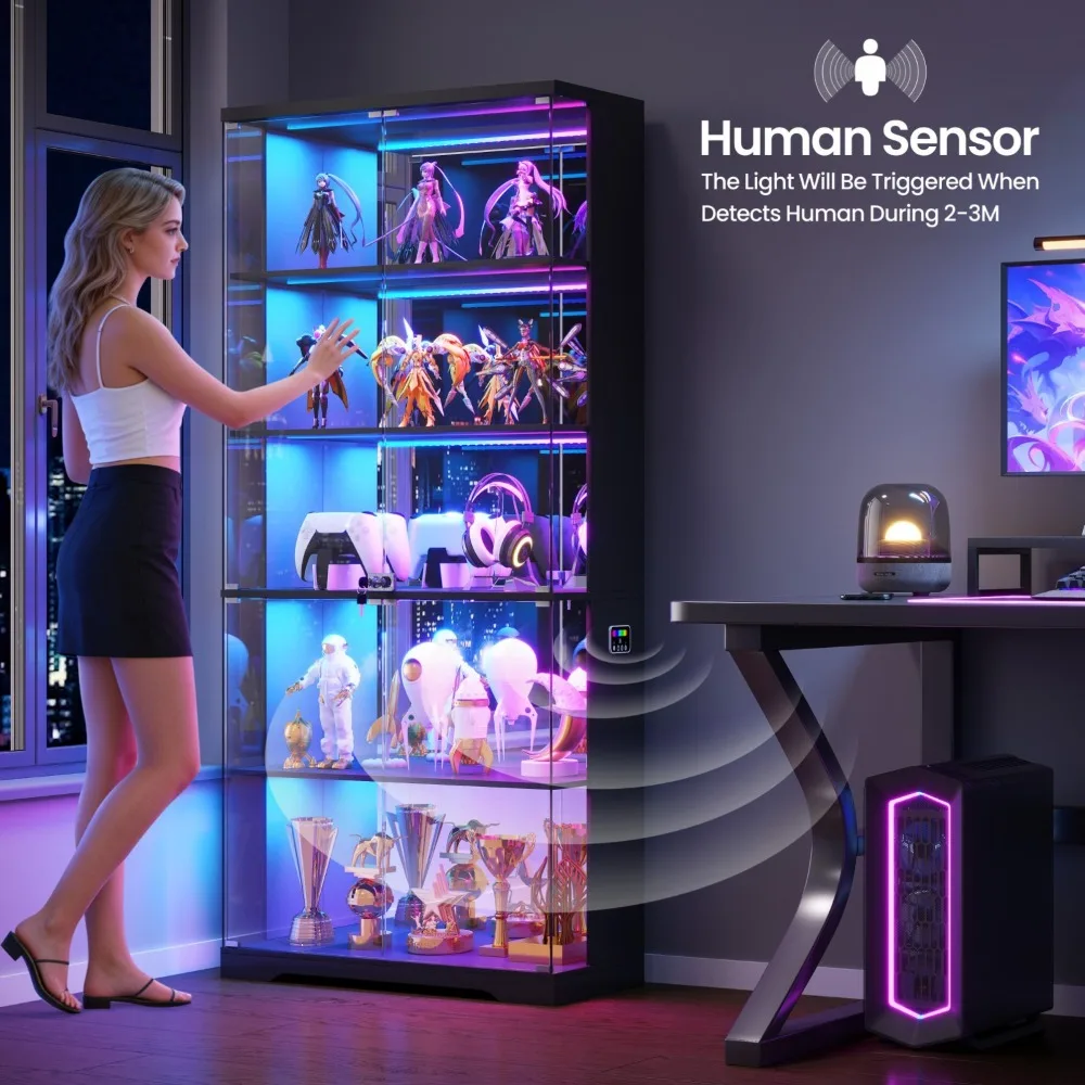 Glass Display Cabinet with Doors, RGB LED Curio Cabinet, Lockable Display Case