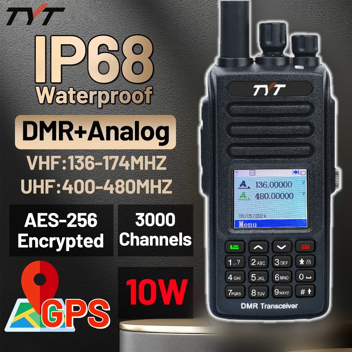 

Цифровая рация TYT MD-UV390 Plus DMR 5Вт/10Вт с GPS, водонепроницаемая (IP67), VHF/UHF, 2200 мАч, LCD-дисплей