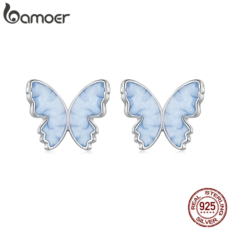 

BAMOER Authentic 925 Sterling Silver Blue Butterfly Stud Earrings, White Gold Plated Hypoallergenic Cute Stud Earrings SCE1823