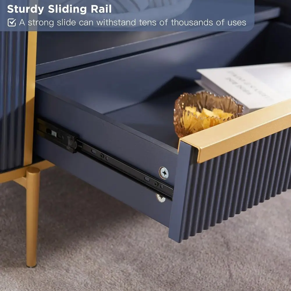 Elegante mesa de centro estriada azul marino, 48 ovaladas con cajón, mármol sintético, detalles dorados, centro de mesa de salón