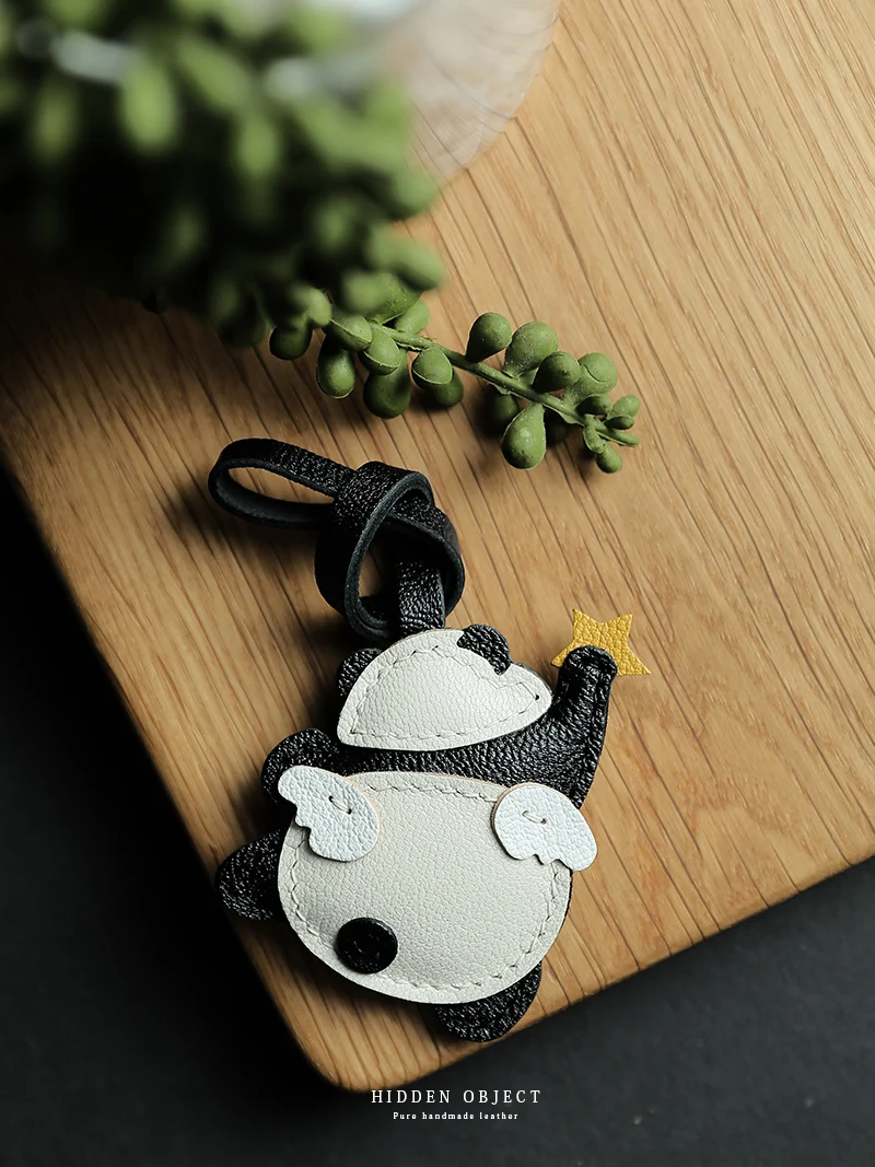 Handmade leather Bag charm Panda leather bag  pendant personalized creative car keychain pendant Birthday gift