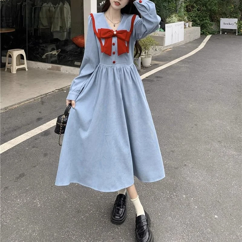 Korean Fashion Vintage Corduroy Sweet Chic Bow Dresses for Women Preppy Style High Waist Slim Fairy Midi Dress Elegante Vestidos