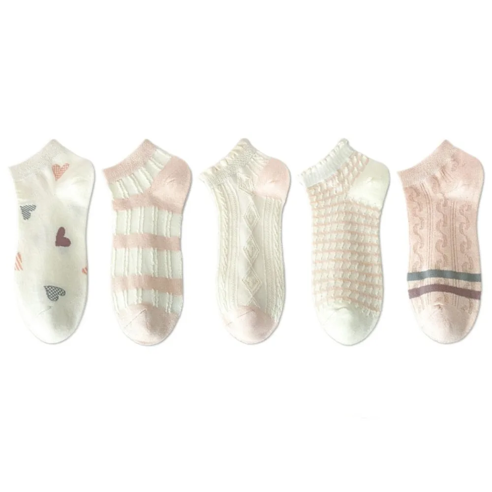 

5Pairs Cute Stripe Heart Short Socks Ins Style Breathable Sweet Ankle Socks Ruffle Female Hosiery Tube Socks Women Streetwear