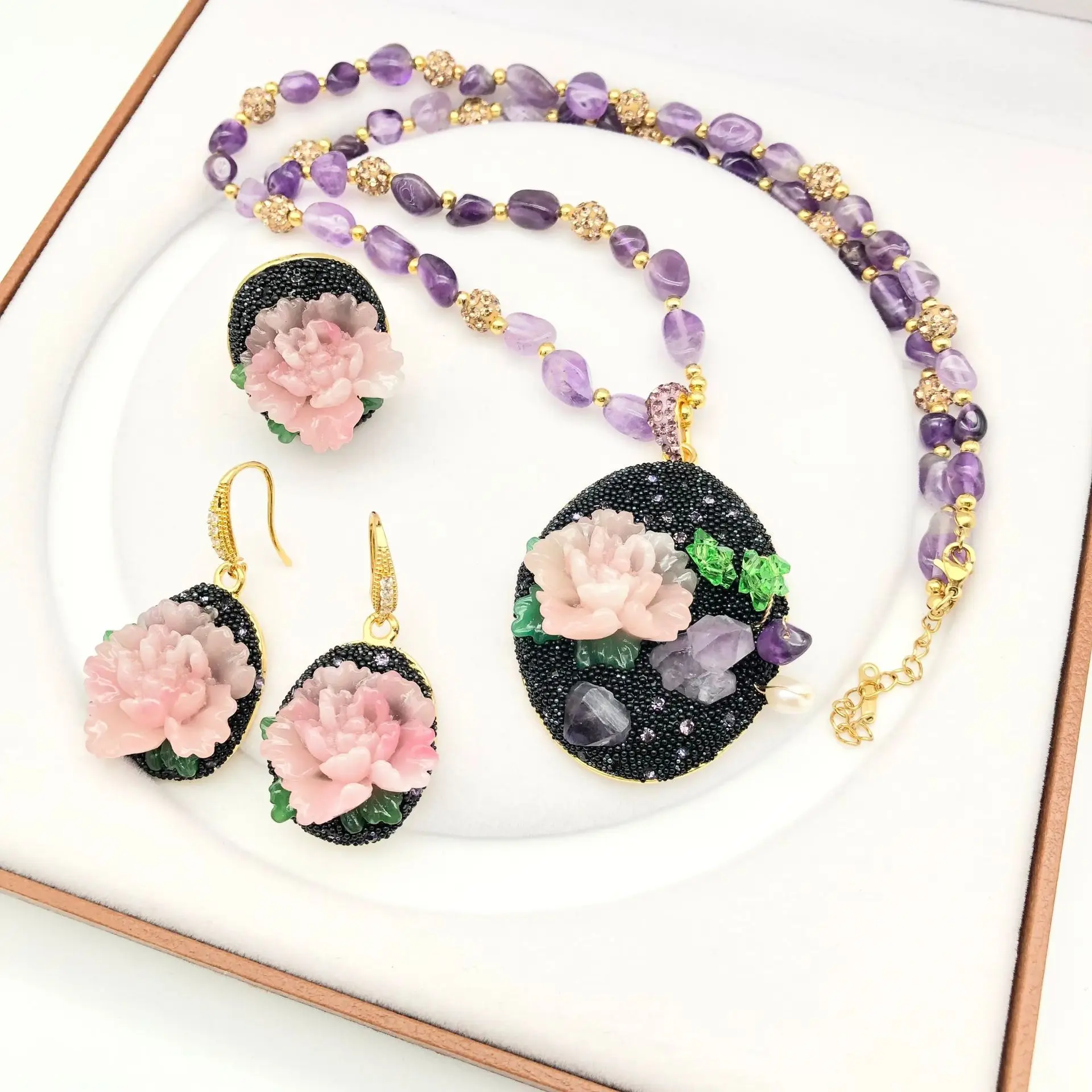 Original design peony flower set, national style necklace, ring, earrings, experts bring goods, popular jewelry manufacturers wh