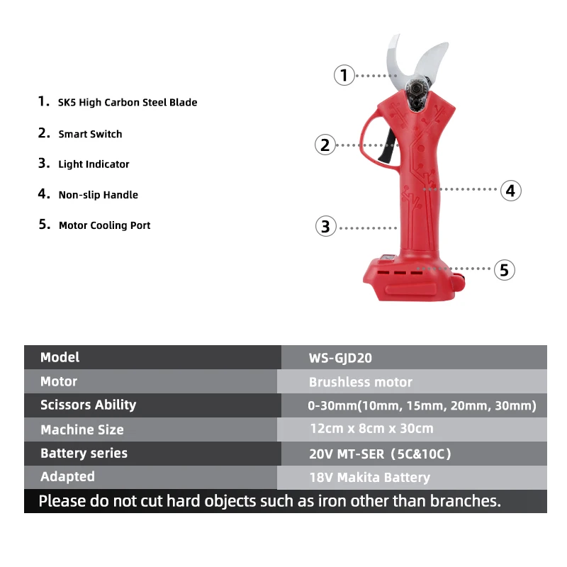 Imagem -03 - Vvosai 20v Pruner sem Fio Brushless Poda Elétrica Cisalhamento Mt-series Efficient Fruit Tree Bonsai Poda Ramos Cortador