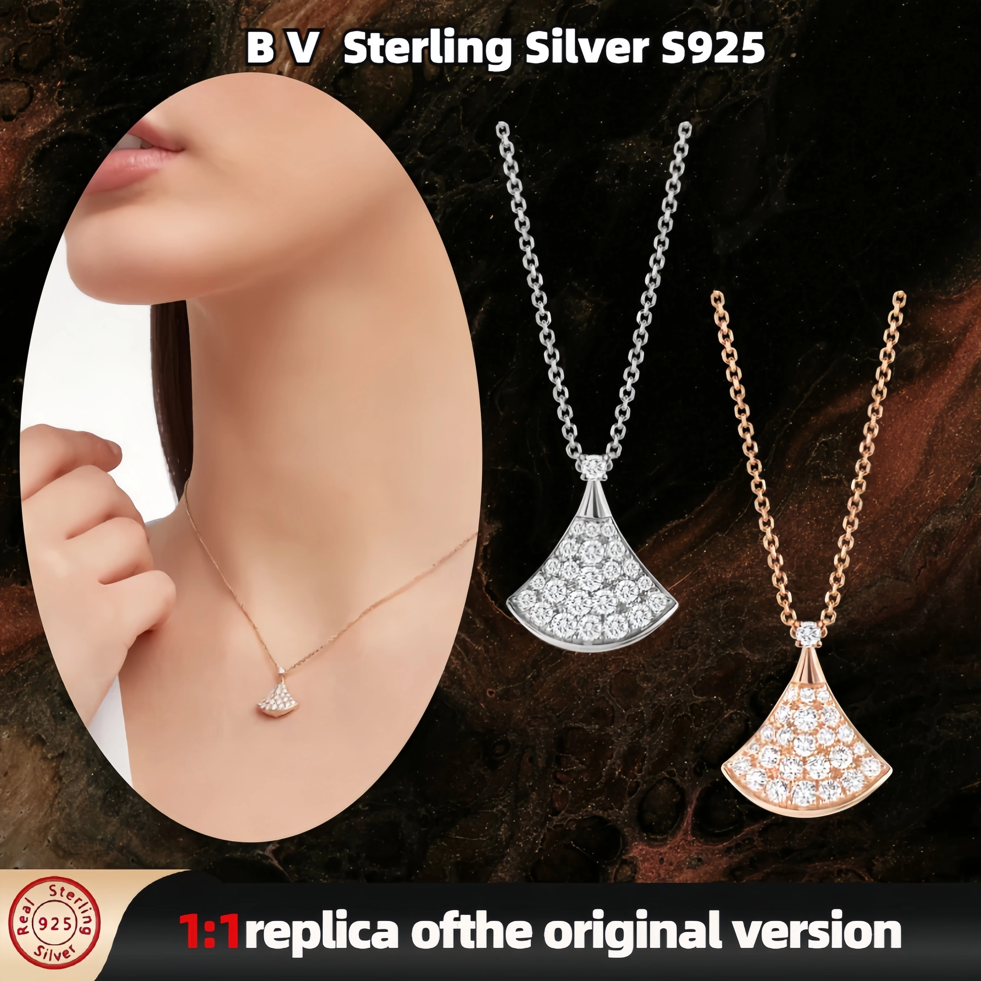 Classic sterling silver S925 B V fan-shaped design inlaid with diamonds necklace Divas' Dream series elegant, fashionable and lu