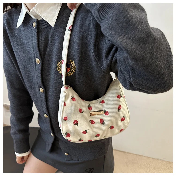 Cute French Style Strawberry Shoulder Tote for Women Girls, Lightweight Corduroy Handbag for Shopping School Daily Casual Use