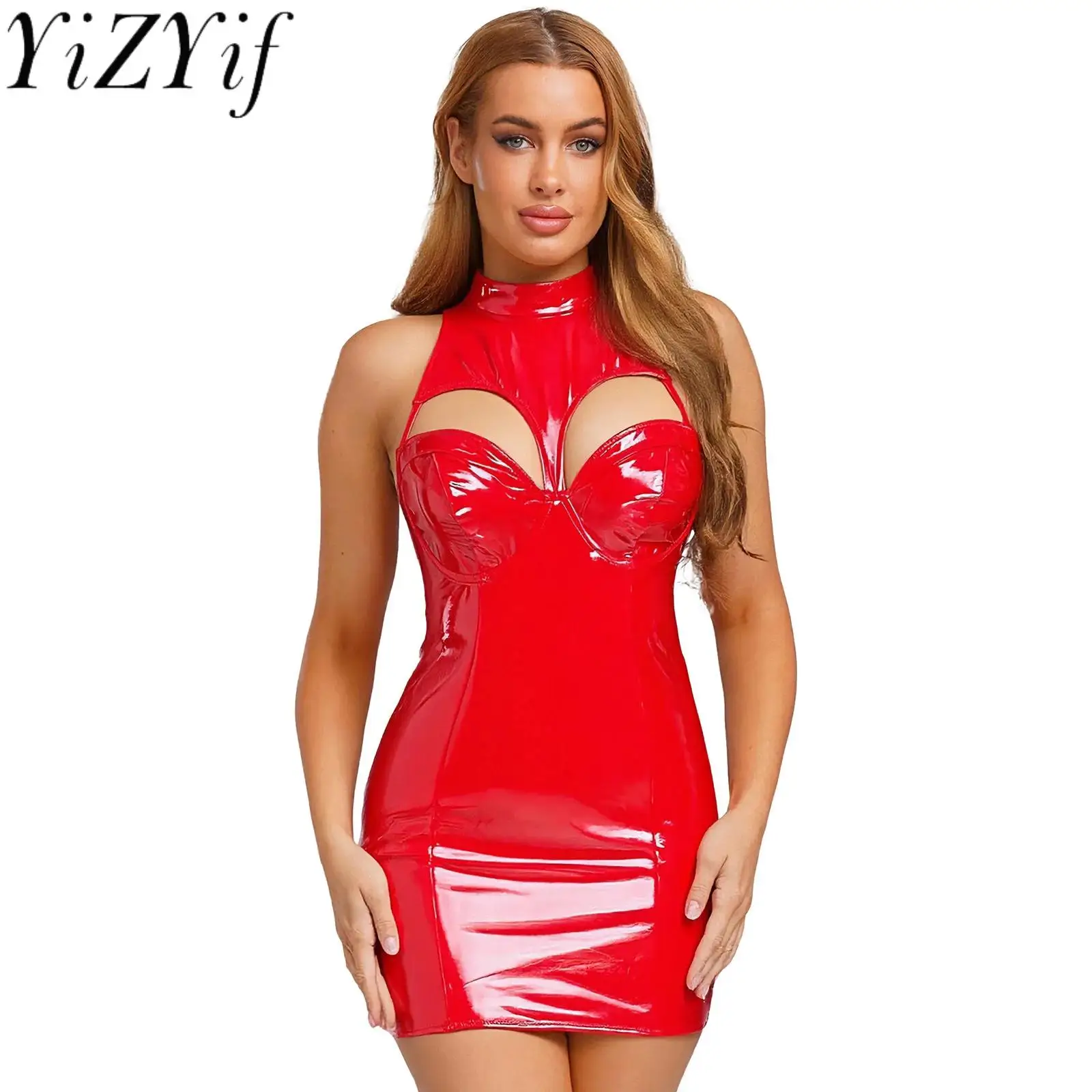 Damen Spicy Wet Look, figurbetontes Kleid, PU-Leder, glänzend, ärmellos, BH-Ausschnitt, Mikrokleid für Party, Raves, High-Look, Dating-Kleider