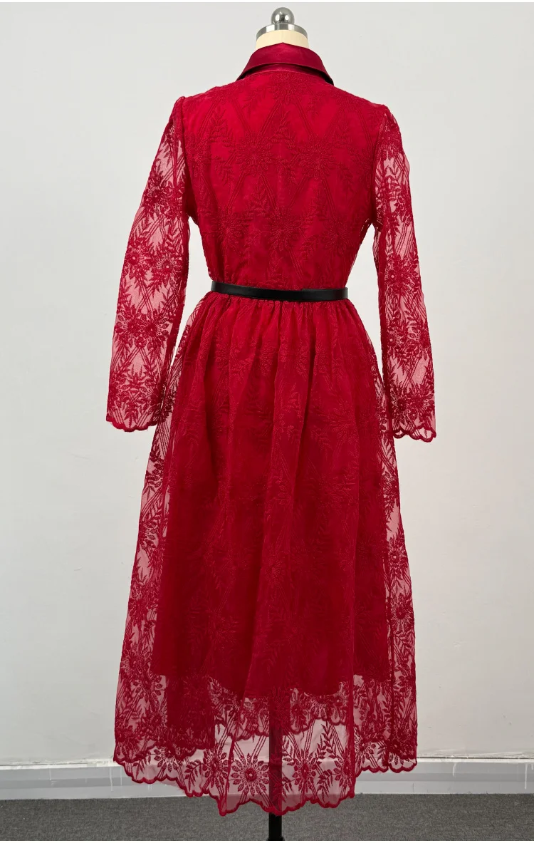 여성용 드레스 신상 긴 소매 턴다운 칼라 레이스 여성 드레스 우아한 슬림 레드 드레스 여성 여름 드레스 Q1954