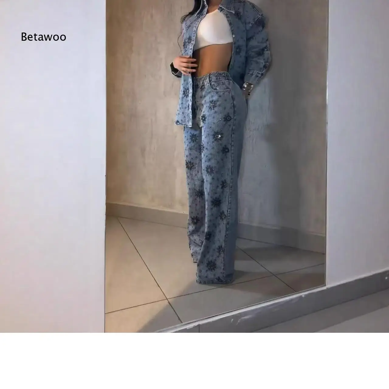 

Vintage Washed Denim Jeans with Rhinestone Details