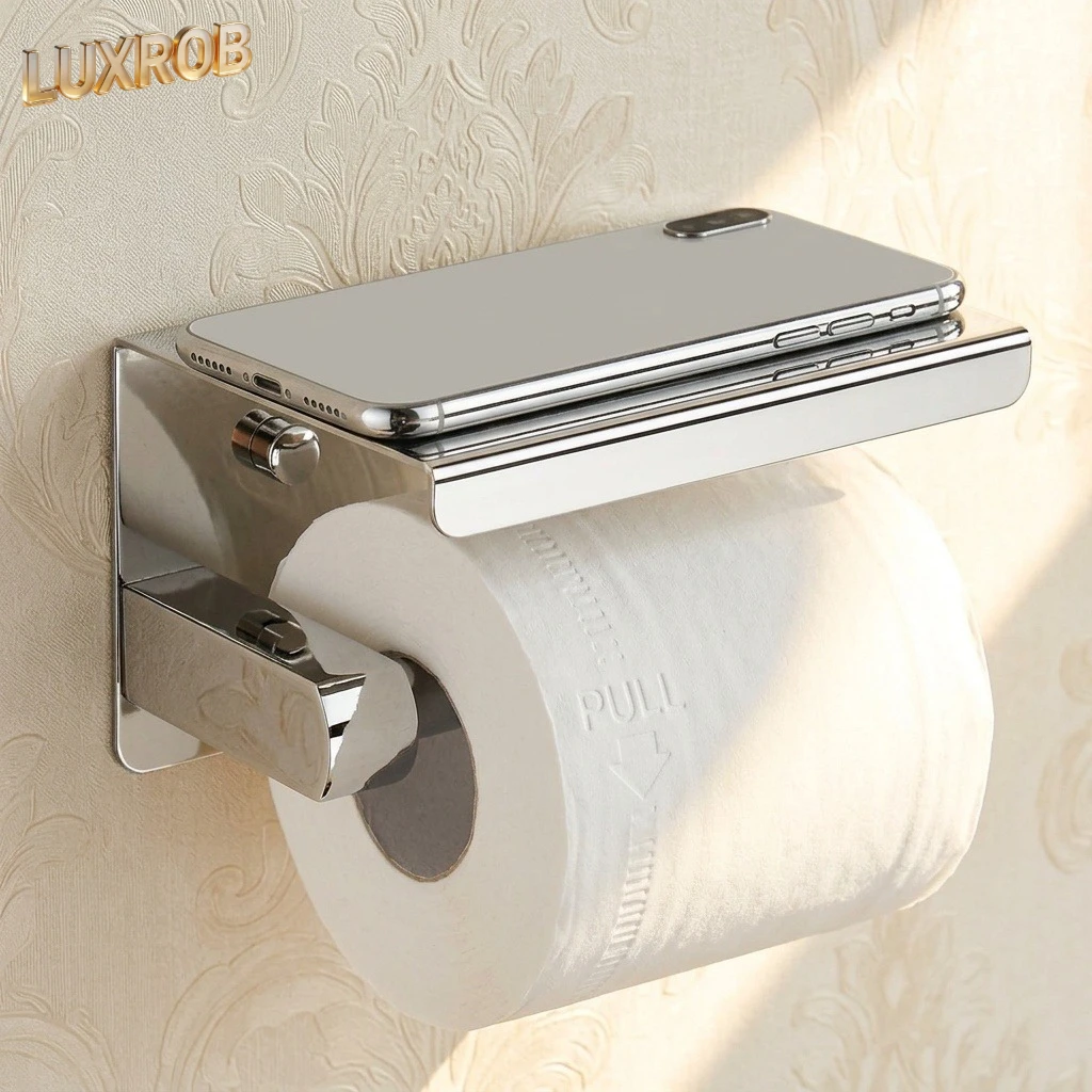 

1PC Stainless Steel Toilet Paper Holder, Punch-Free Wall Mounted Bathroom Roll Paper Rack with Phone Storage Shelf, No Drill