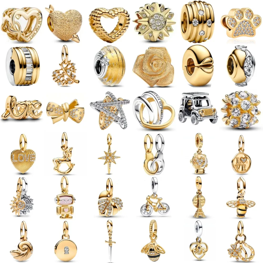 Nueva plata 925, flor dorada, pata de perro con cuentas de lazo, colgante de torre de hierro adecuado para pulsera Original europea, joyería exquisita DIY