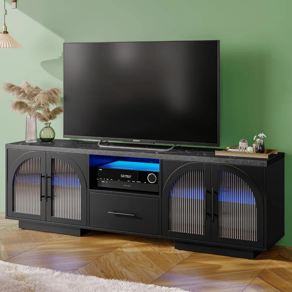 

70" TV Stand for 80 Inch TVs, Entertainment Center with LED Lights and Arched Glass Doors, Faux Marble Wood Finish