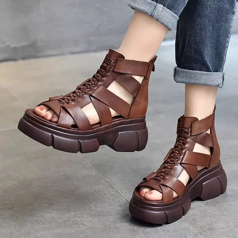 2024 Summer Black Women Pu Leather Sandals Cool Ankle Boots Platform Shoes Wedges Sandalias De Mujer Fashion Outdoor Sandalias