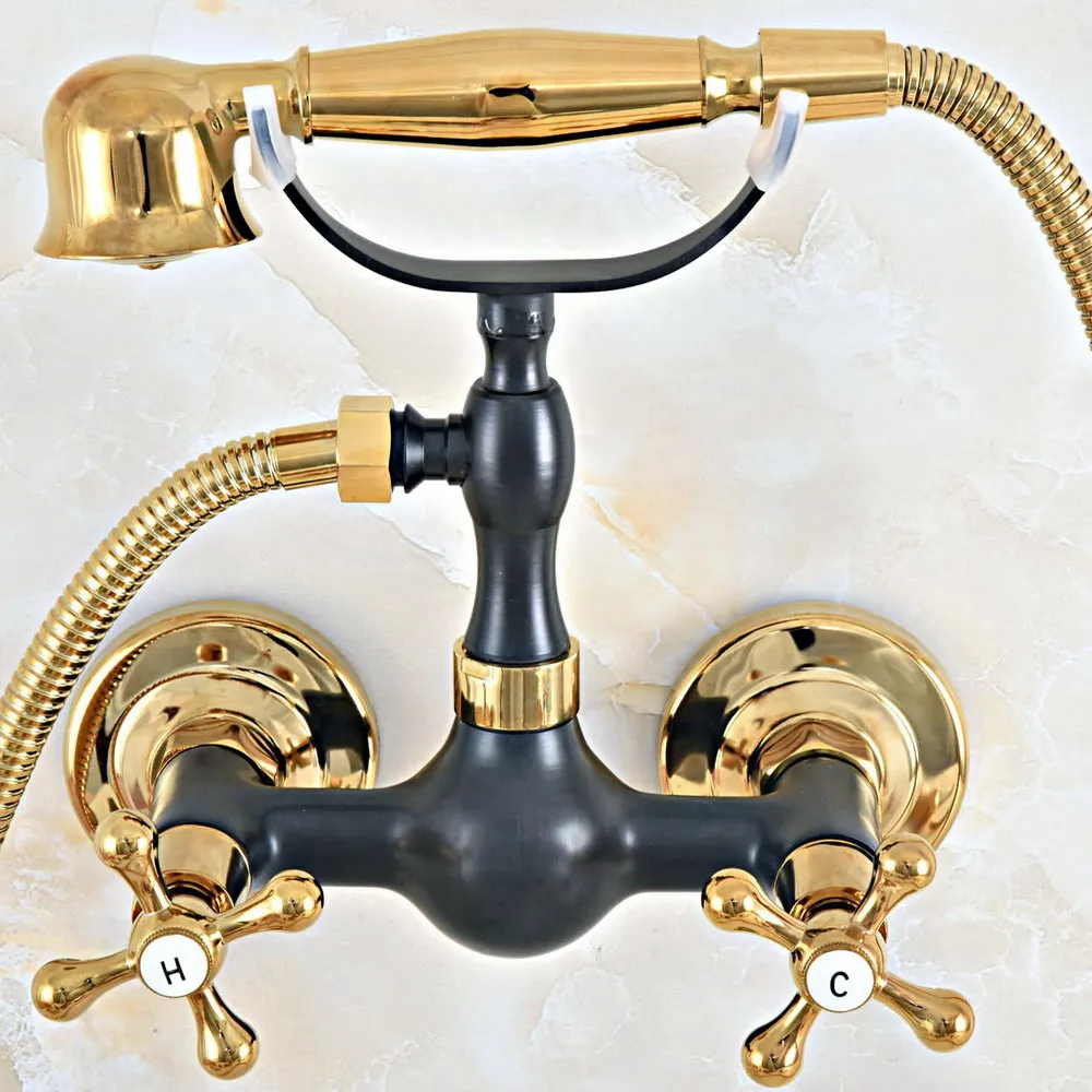 

Polished Gold & Oil Rubbed Brass Wall Mounted Bathroom Shower Faucet Set with 1.5M Hose Handheld Spray Head Mixer Tap Dna454