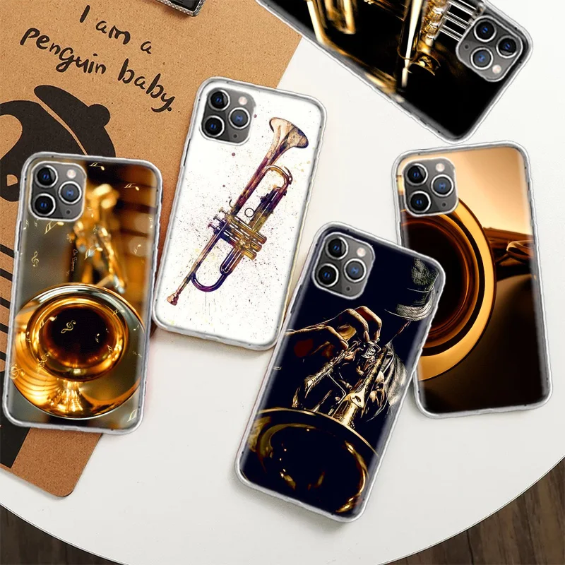 Brass Instruments Case for iPhone 12 13 Mini 14 Plus 15 16 Pro Max 11 X XS Max Clear TPU Protective Phone Cover Coque C