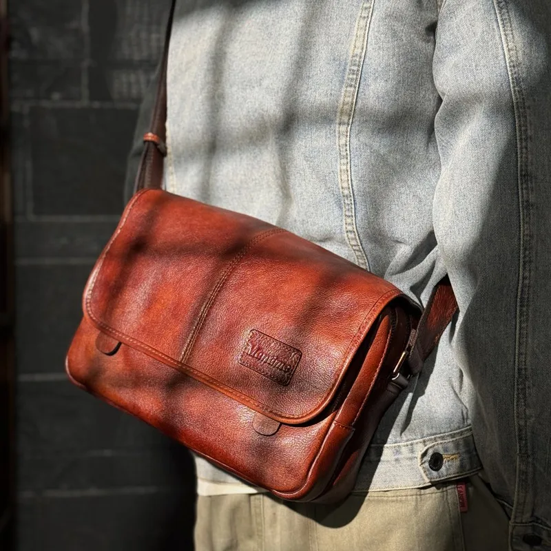 Leather shoulder bag men's messenger bag casual men's bag tide brand high-capacity leather messenger bag tooling backpack.
