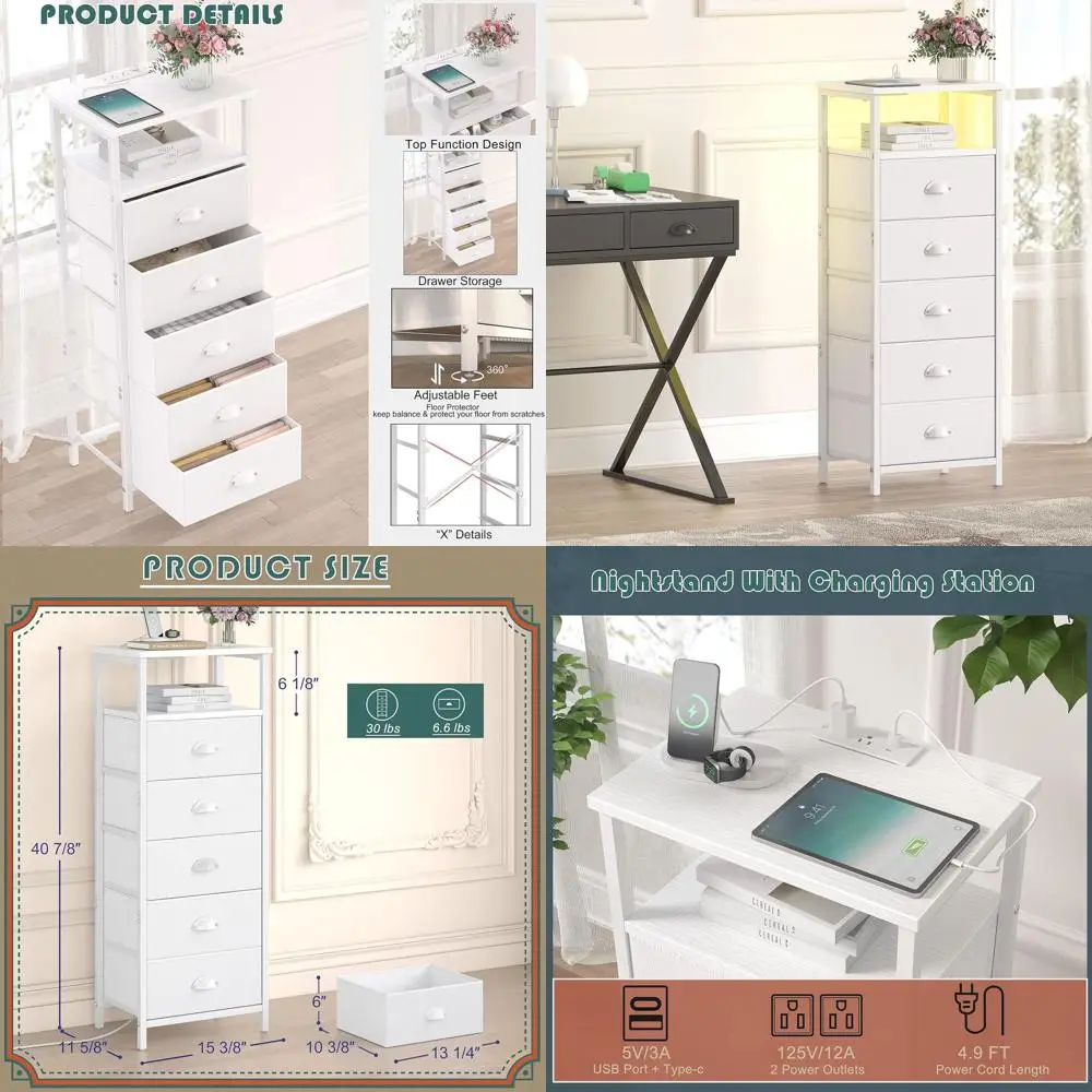 White LED-lit Nightstand with 5 Fabric Drawers, 2-Tier Shelf, Charging Station, PU Finish, Bedroom Side Table
