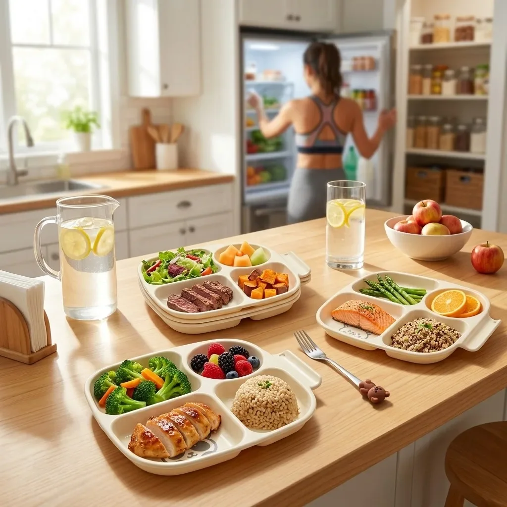Reusable Plastic Portion Control Divided Plates Cute Tableware Dish with Handle for Adults Kids Microwave Safe Fruit Snack Plate