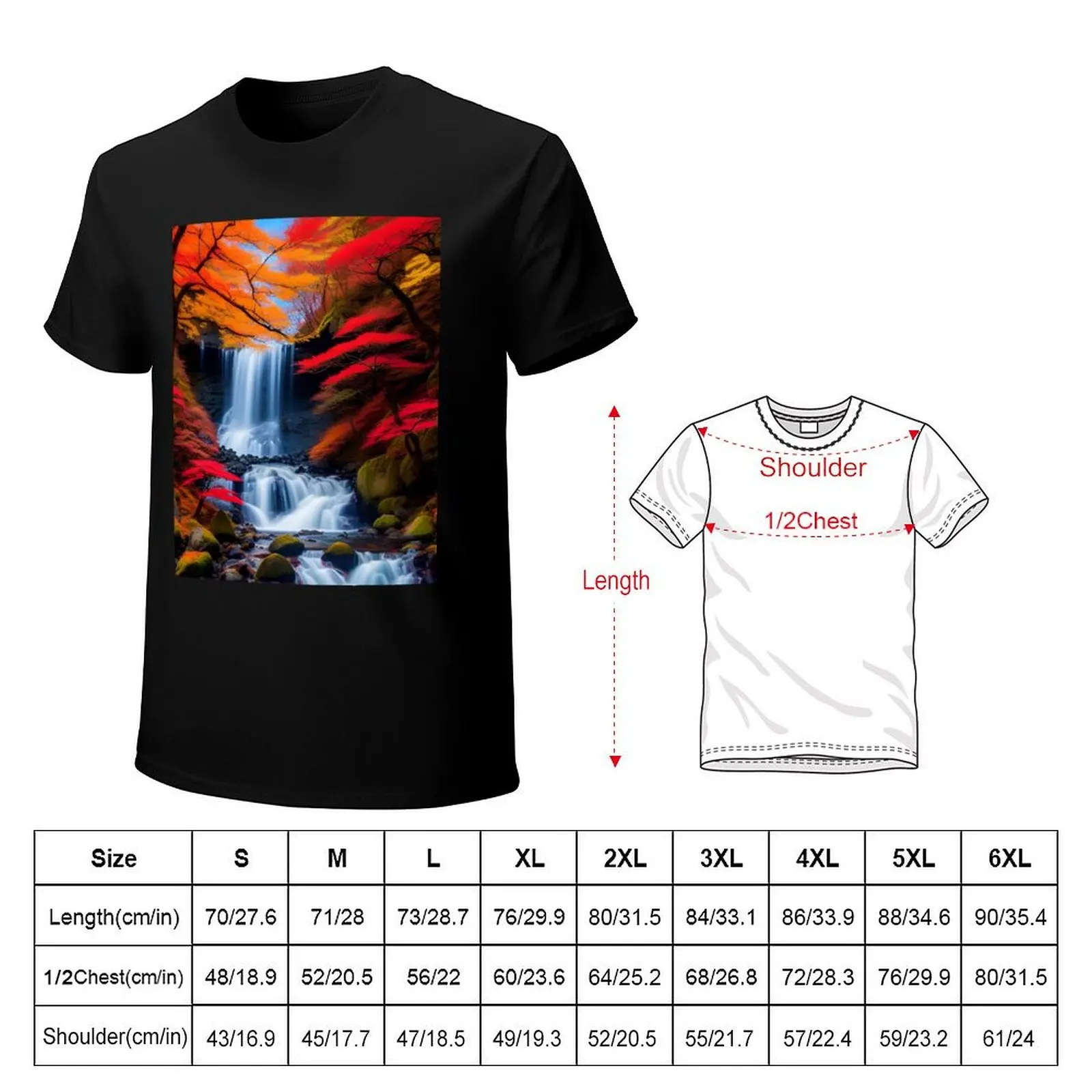 Whispering Waters of Fall: Unveiling a Mythical Waterfall amidst Red Leaves T-shirt heavyweights vintage sweat shirts, men