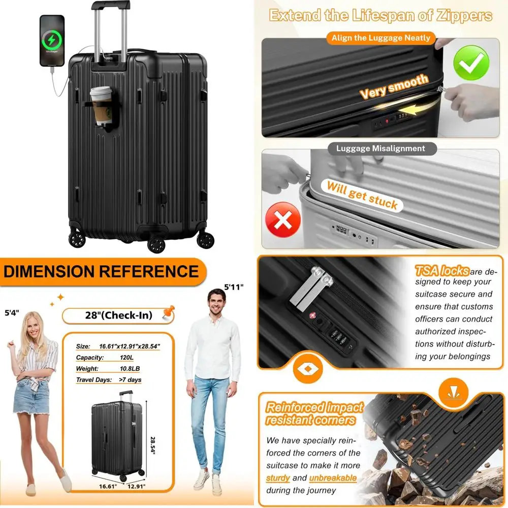 Maletas giratorias de doble rueda con puerto USB, portavasos, cerradura TSA, equipaje rígido de PC + ABS para viajes a cuadros, 28 pulgadas