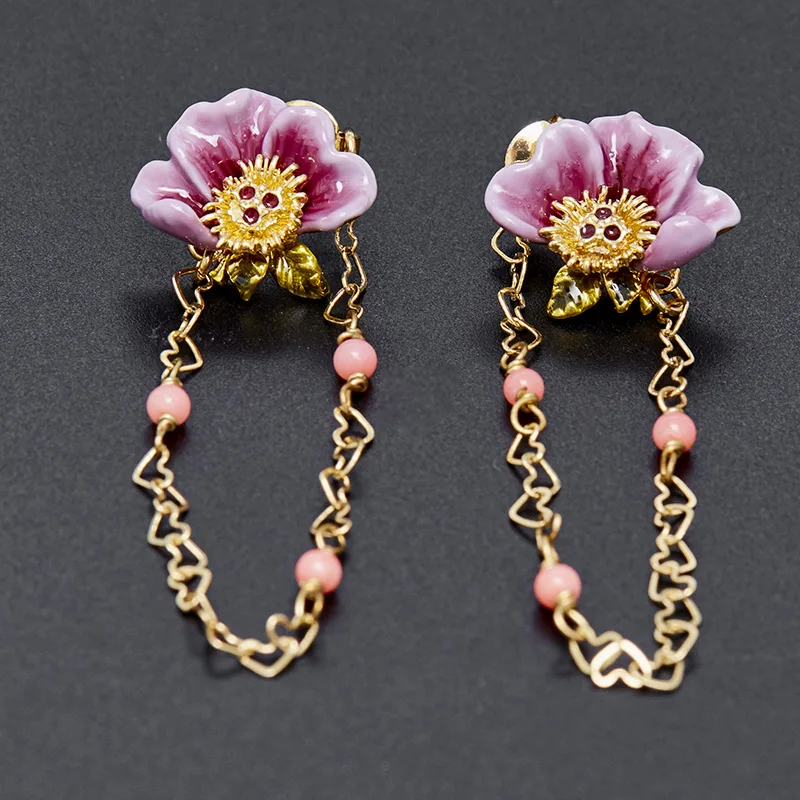 

Purple peony flower tassel long earrings in enamel glaze