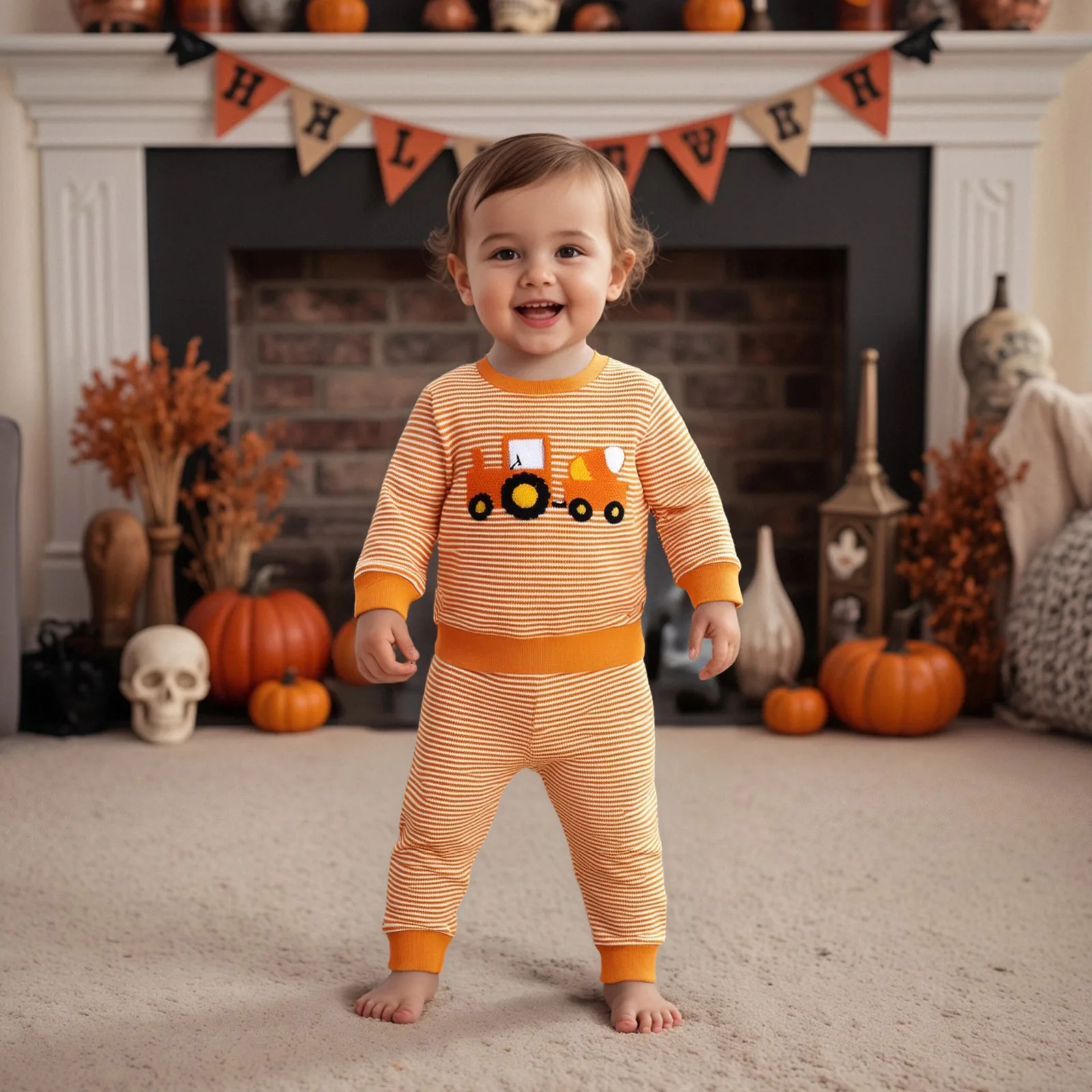 

Toddler Baby Halloween Outfits Tractor Embroidery Long Sleeve Round Neck Pullover + Elastic Waist Pants 2 Pcs Stripe Set