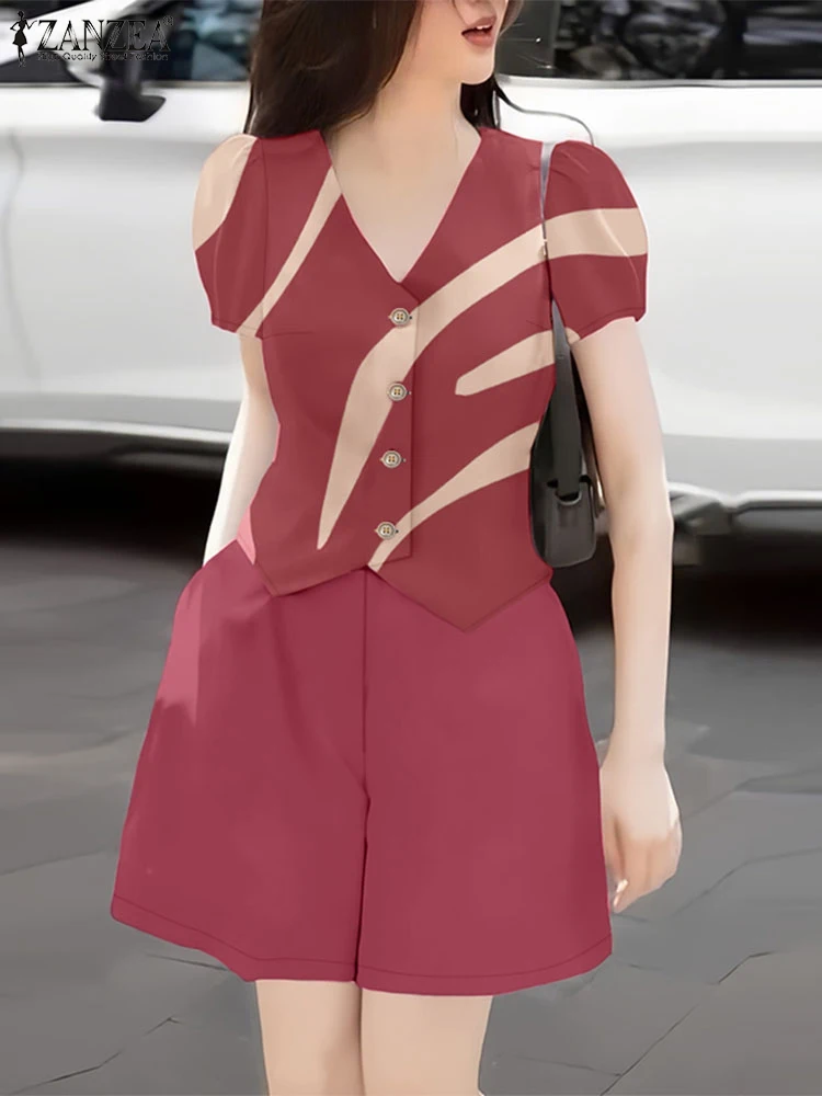 แฟชั่นฤดูร้อนชุดผู้หญิง 2 ชิ้นชุด 2025 ZANZEA Elegant V คอเสื้อแขนสั้นสั้นชุดพิมพ์วันหยุด Trackuits