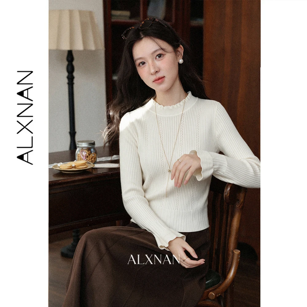 ALXNAN Ruffle Mock Neck Pullover for Women Autumn Flare Sleeve Slim-fit Sweater 2026 Fashion Casual Knit Top Ladies L680269A