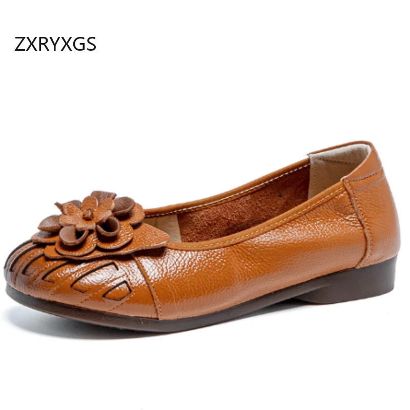 

ZXRYXGS 2025 Head Layer Cowhide Shallow Mouth Classic Flowers Shoes Fashion Flats Comfortable Soft Sole Women Banquet Shoes Tide
