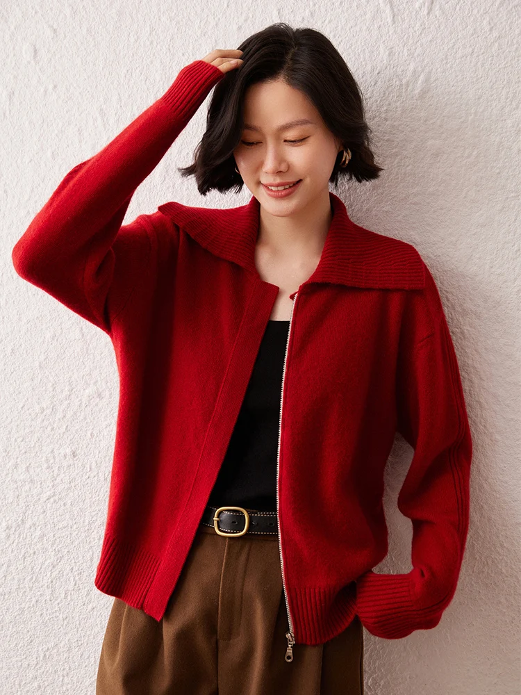 New Autumn Winter High Quality Cardigan Women Zipper Turn-Down Collar Thick Cashmere Sweater 100% Cashmere Fashion Knitting Tops