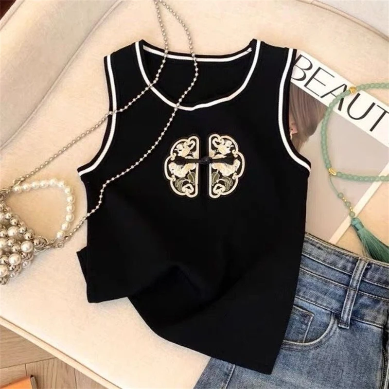 Women Clothing 2024 Summer Chinese Style Embroidery Vintage Contrast Color Tank Tops Casual O Neck Sleeveless Slim Knitted Vest