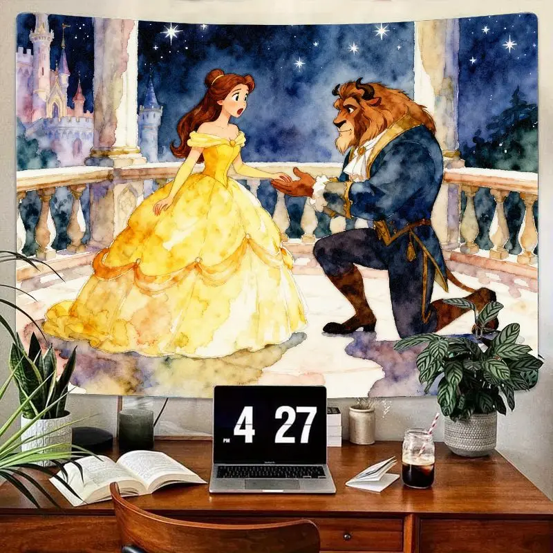 

1 шт. гобелен Disney Beauty & The Beast, Belle & Beast, акварельный сказочный замок, настенное искусство, романтический декор комнаты, подарок для фанатов.