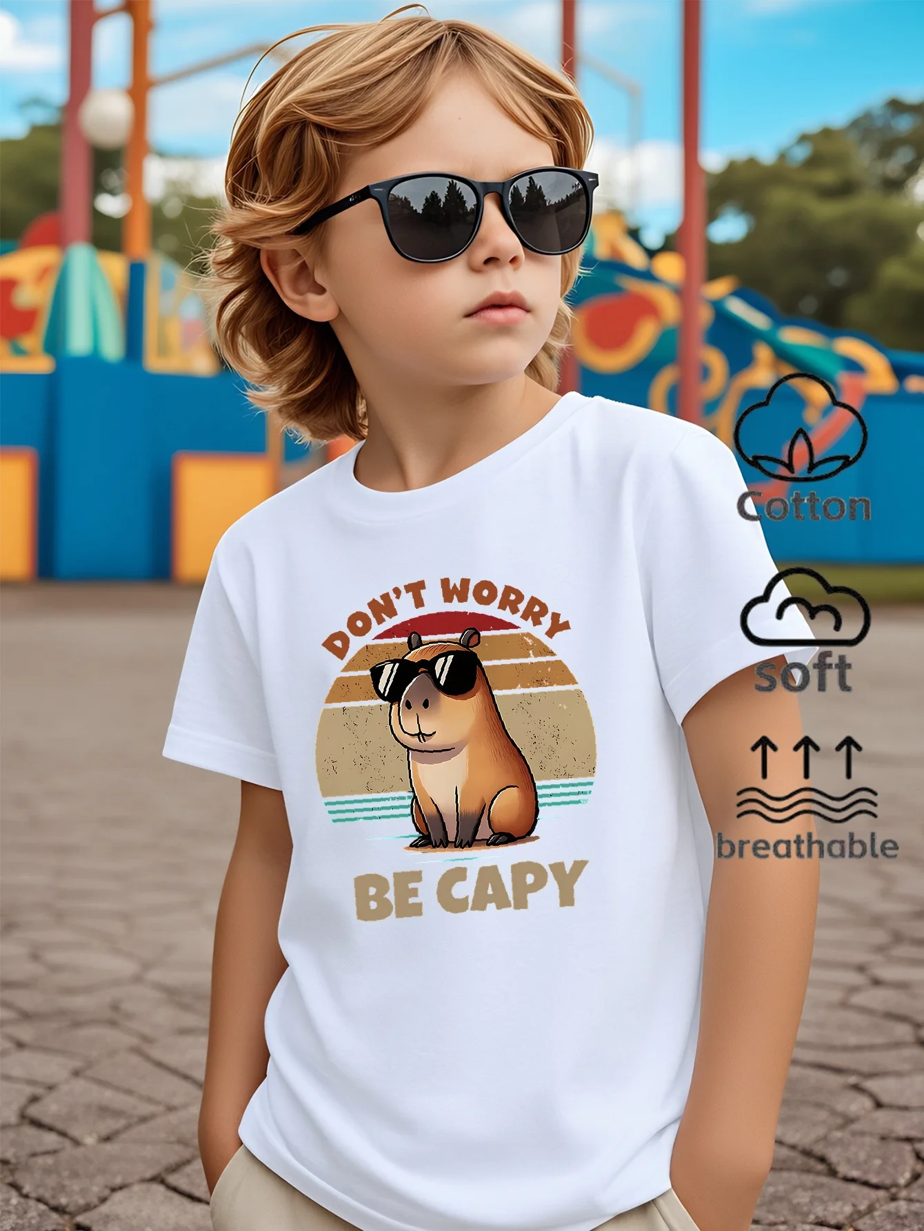 Children's Dolphin Sunglasses Sunset Pattern Printed Street Round Neck Short T-shirt Casual and Comfortable Parent Child Wear