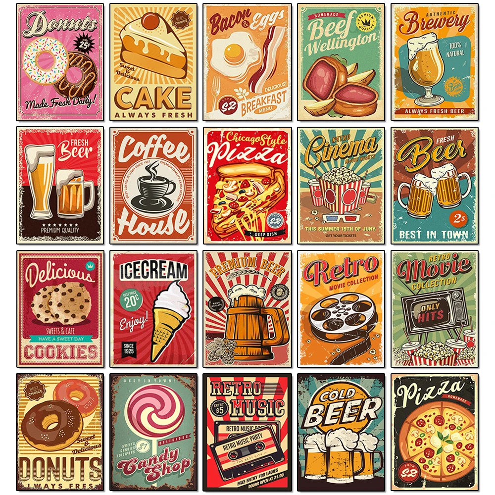 Food & Beverage Aluminum Metal Wall Art, Bread Beer Cup Vintage Poster, Rustic Kitchen Restaurant Bar Decor, Decorative Metal