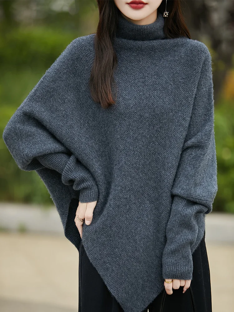 100% lã merino camisola feminina gola alta pulôver bainha irregular malhas casual feminino roupas superiores outono inverno moda manto