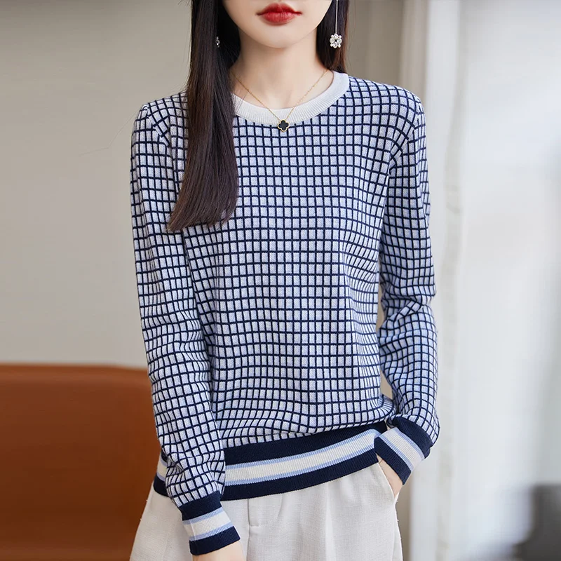 

100 pure woolen sweater plaid long-sleeved sweater women loose 2023 autumn new bottoming shirt with a top inside.