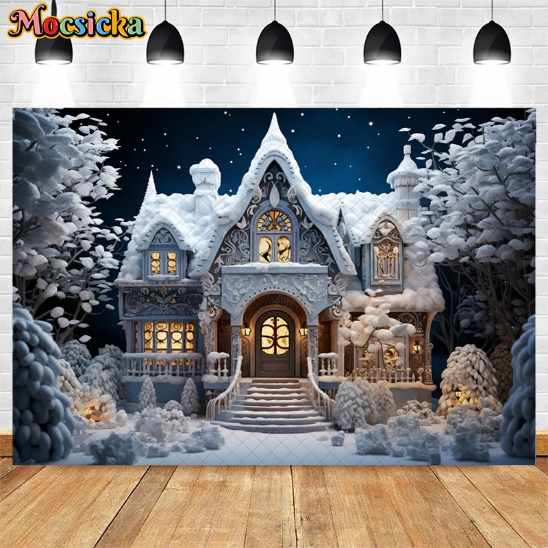 Arrière-Plan de Photographie de Noël d'Hiver, Thème Monde Glacé, Arbre de Noël, Blanche Neige, Décor de Maison, pour Portrait d'Enfant et d'Adulte, Studio Photo