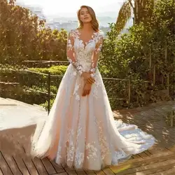 Customizd Fashion Sheer O-neck Wedding Dresses for Bride Lace Long Sleeves Appliques A Line Bridal Gowns Boho Vestido De Noiva