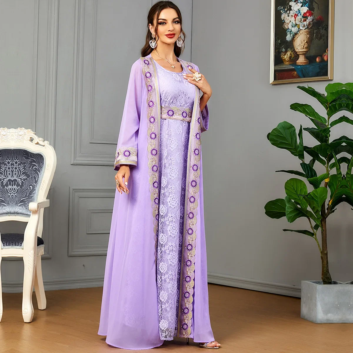 Imagem -04 - Conjunto Muçulmano de Duas Peças para Mulheres Renda Chiffon Caftan Marroquino Elegante Abaya Vestido Longo Cardigã de Quimono Manga Comprida Abays