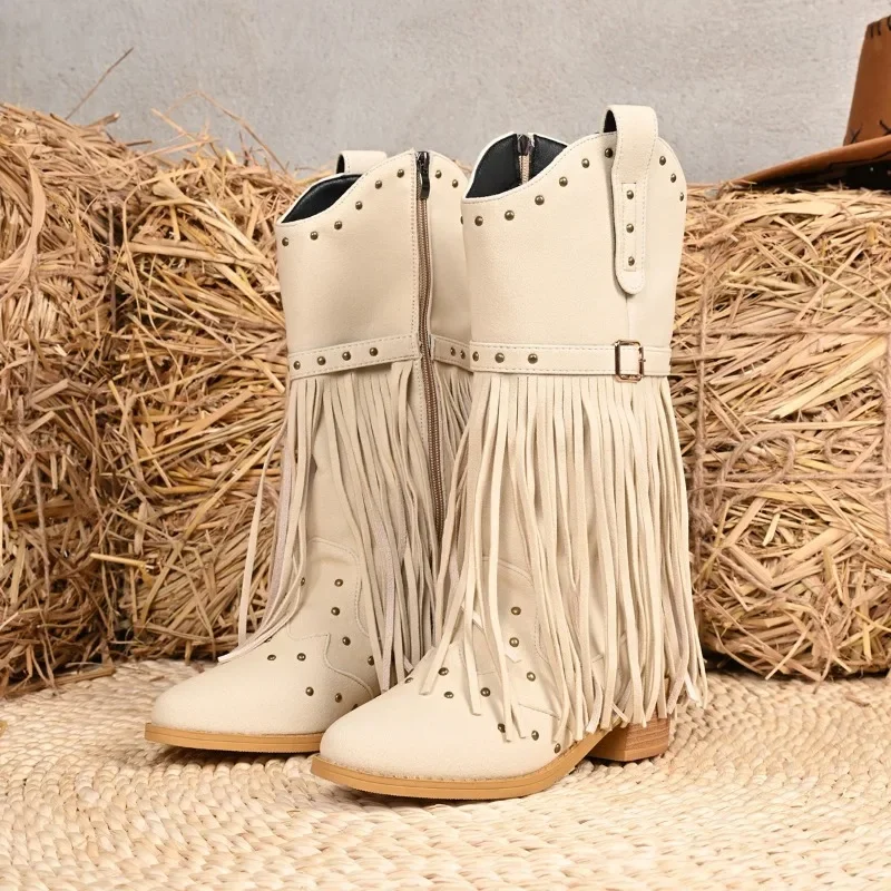 

Retro Tassels Rivet Mid Length Women's Boots Shoes for Women 2025 New Autumn Outdoor Square Heel Solid Pointed Toe Fashion Boots