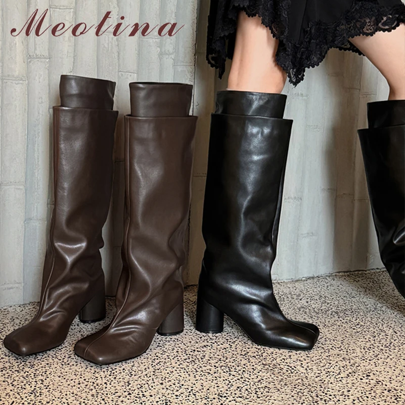 Meotina Women Genuine Leather Knee High Long Boots Square Toe Chunky High Heels Sheepskin Gogo Boots Ladies Fashion Winter Shoes