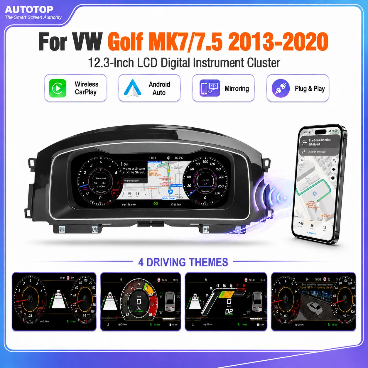 AUTOTOP Tableau de bord numérique 12,3 pouces pour Volkswagen VW Golf7/7.5 MK7/7.5 2013-2020, mise à niveau du tableau de bord virtuel LCD avec CarPlay sans fil, Android Auto, AirPlay, AutoLink, affichage de la navigation GPS, style OEM, Plug and Play, pression des pneus, CC, ACC, vitesse