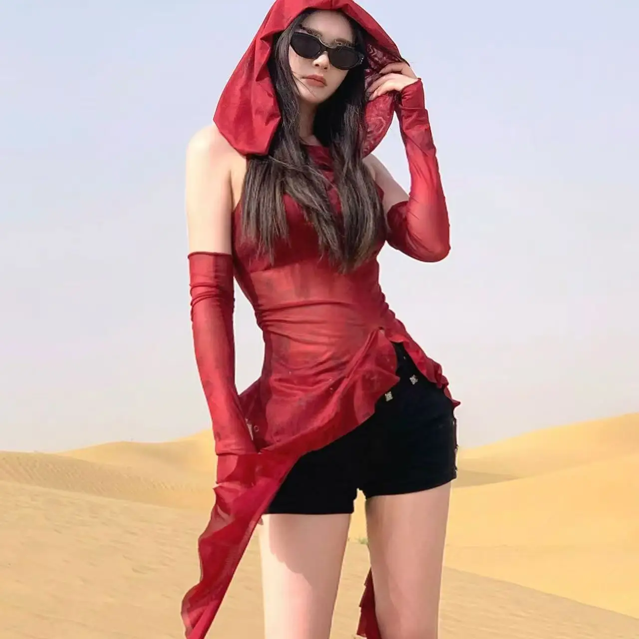 Red Mesh See Through Top Streetwear Hooded T-shirt Irregular Ruffle Oversleeve Tops for Women Sexy Y2k Clothing