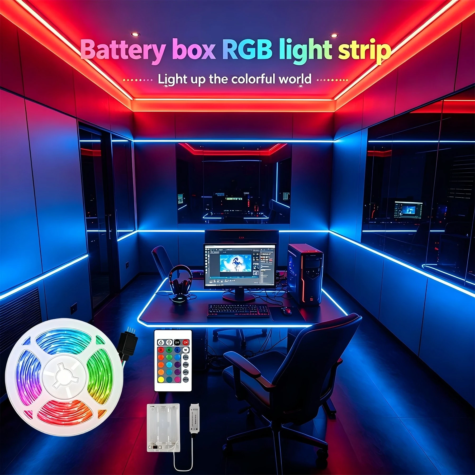RGB LED light strip with 24-key control. Battery powered (AA batteries not included), easy to install. Suitable for indoor use.
